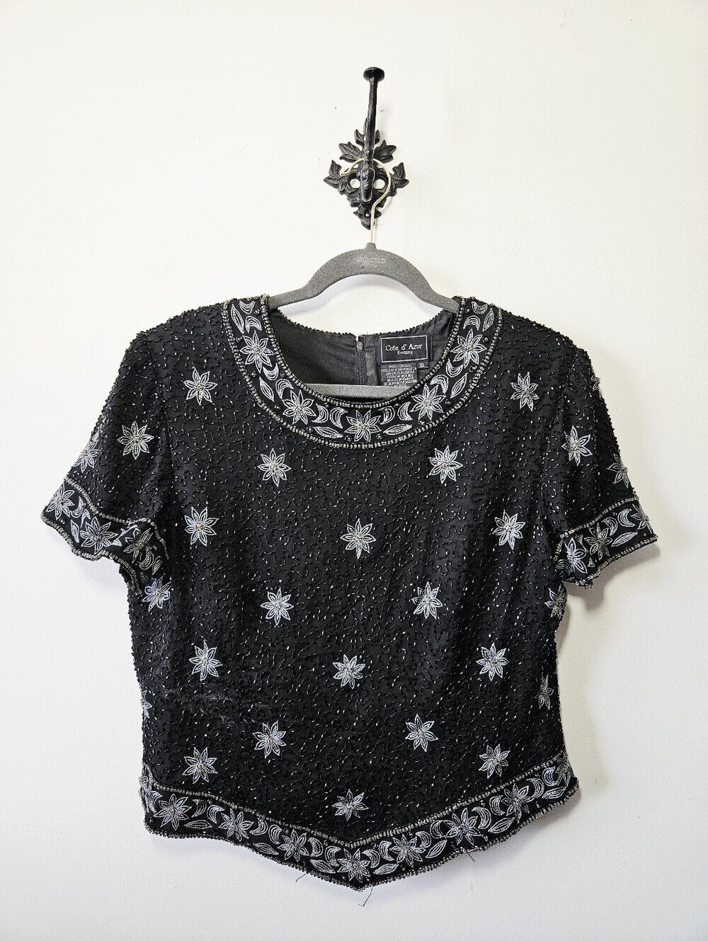 Cote d'Azur Evening Beaded 100% Silk Blouse Size XL Black Top
